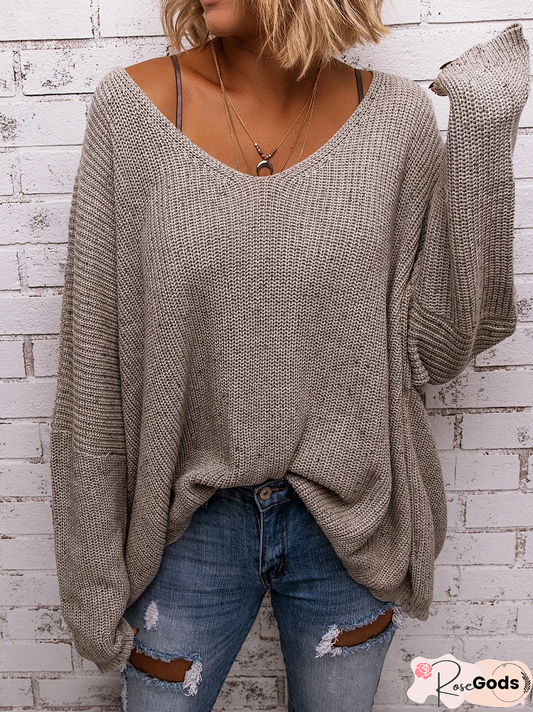 Women Plus Size Gray V Neck Casual Knitted Solid Sweaters