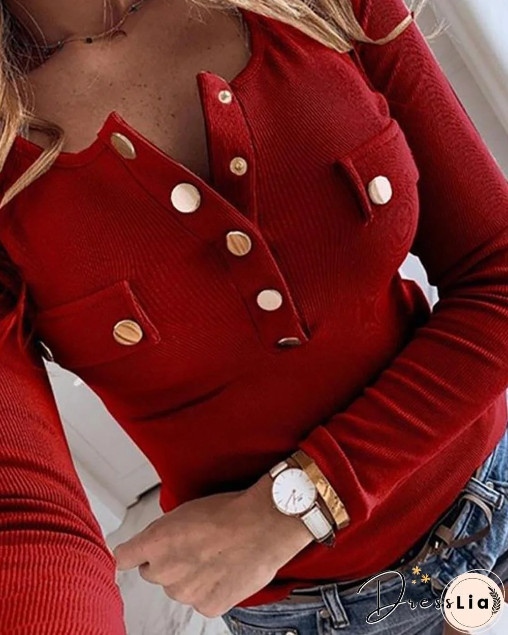 Buttoned Ribbed Long Sleeve Blouse