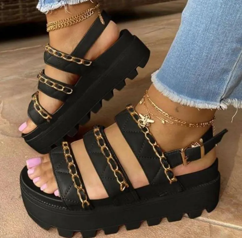 Women Sandals Platform Heels Flat Shoes Chain Decoration Ladies Sandals Summer Fashion Outdoor Female Beach Footwear 2021 New