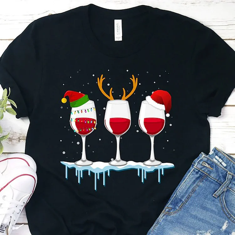 Christmas red wine glass print T-shirt