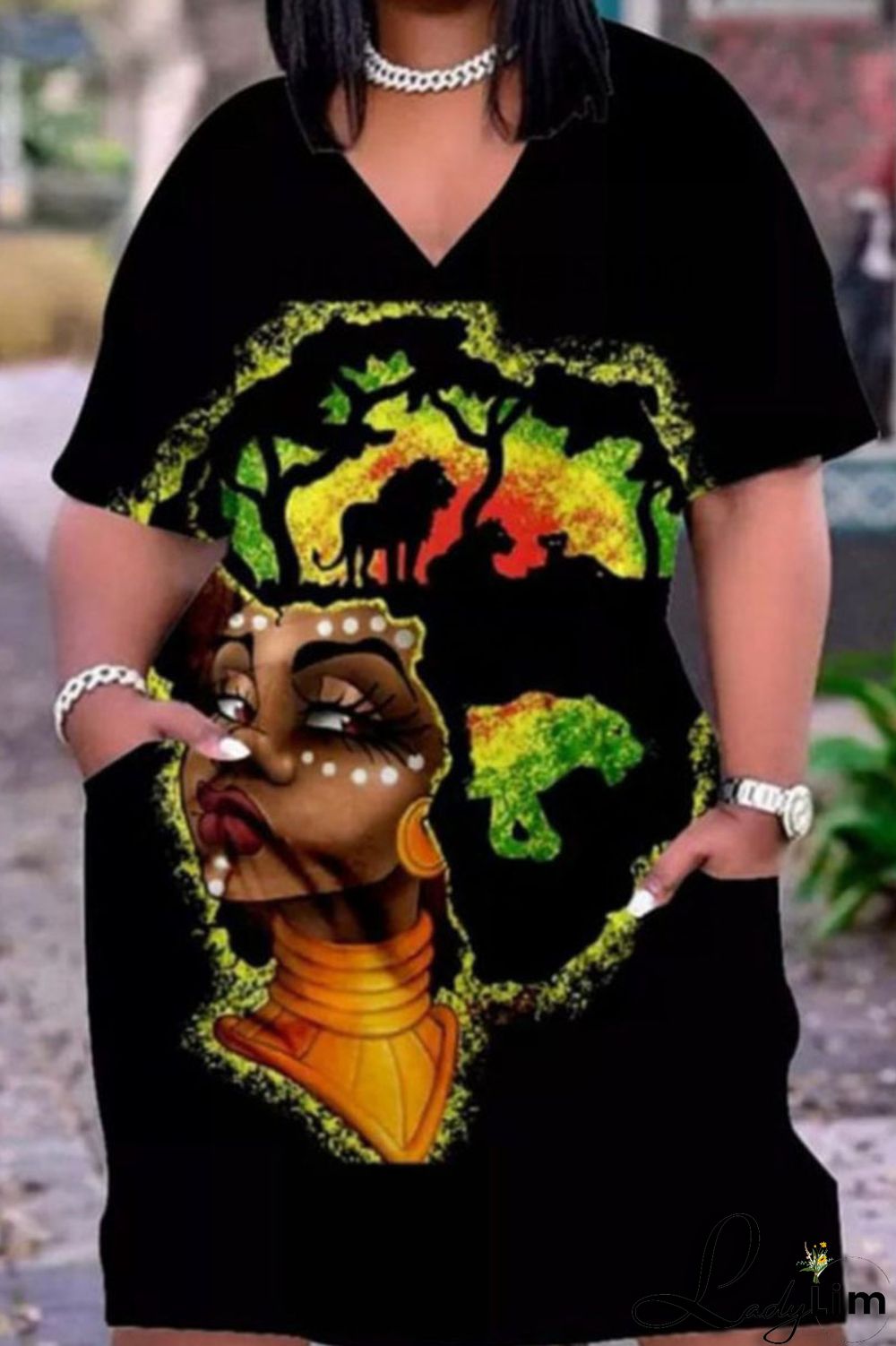 Beige Casual Street Print Patchwork V Neck Straight Dresses