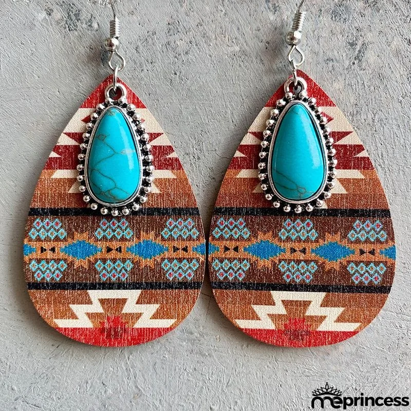 Turquoise Teardrop Shape Wooden Dangle Earrings