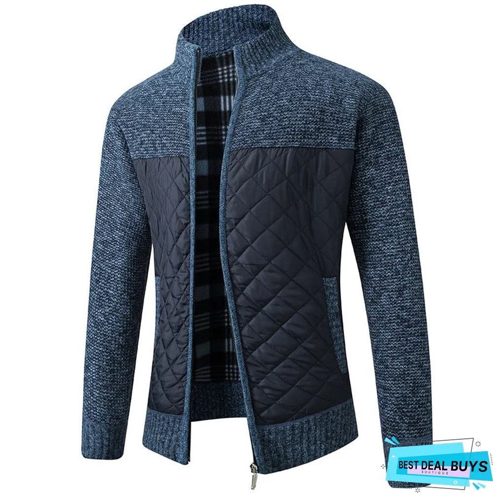 Men's Stand Collar Striped Plaid Zipper Sweater Coat