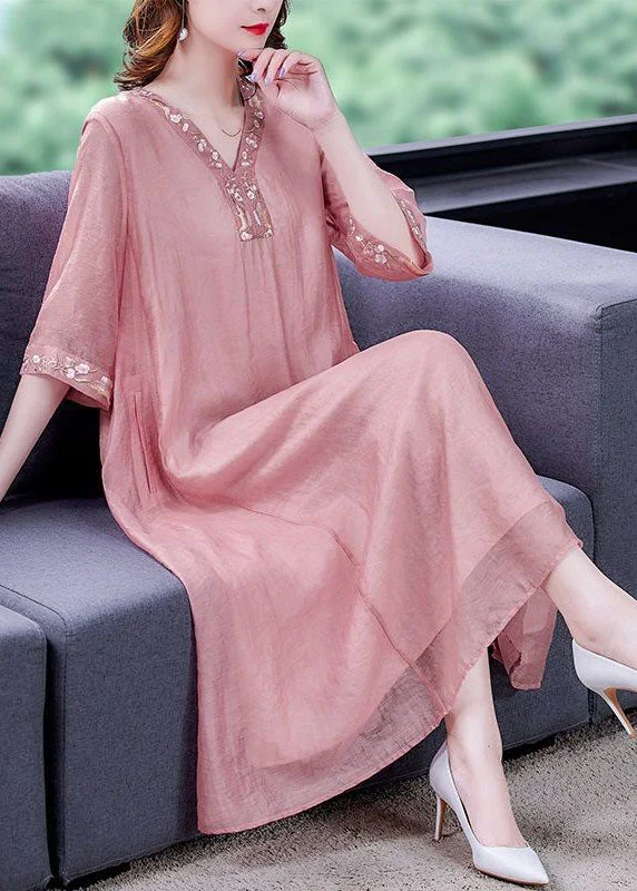 Women Pink V Neck Embroideried Cotton Vacation Dresses Summer