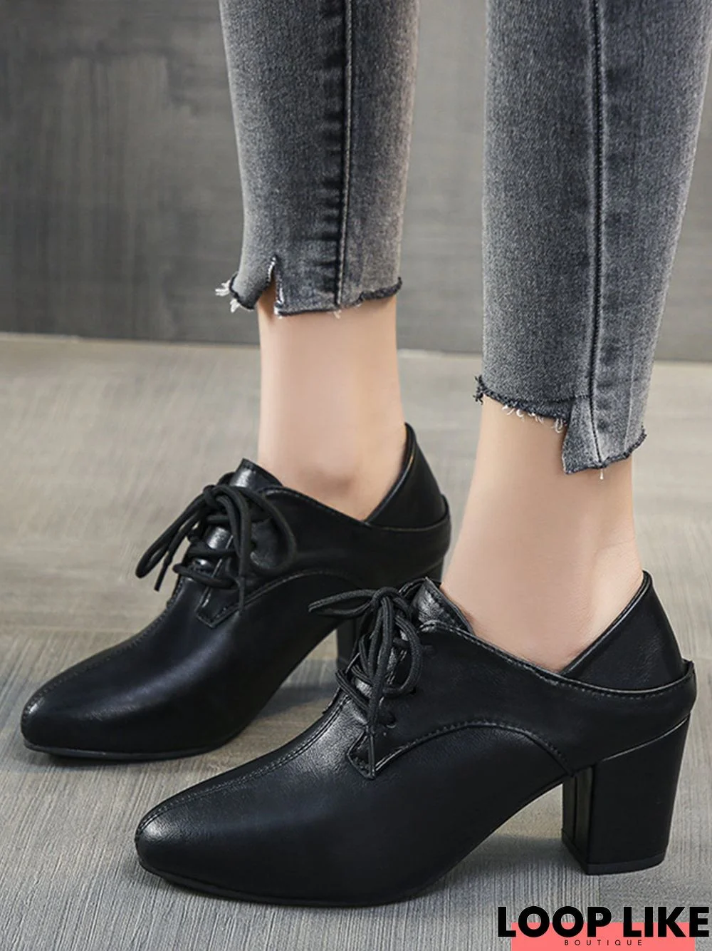 Commuting Simple Lace Up Leather Chunky Heel Shoes