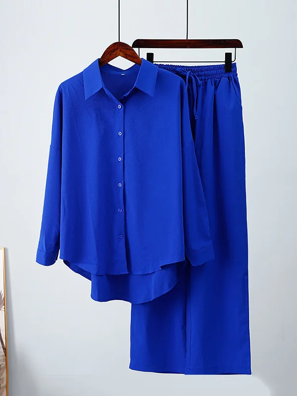 Solid Color High-Low Long Sleeves Lapel Blouses + Drawstring Pants Two Pieces Set