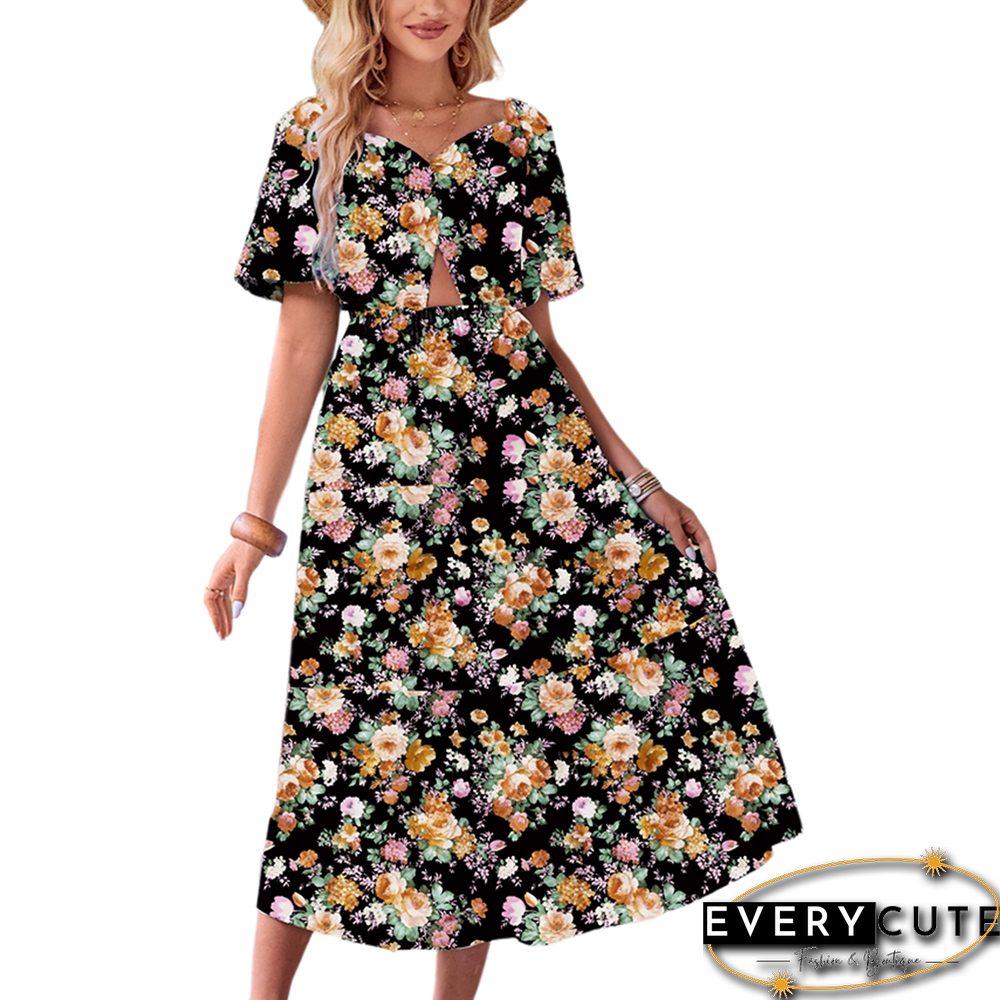 Black Puff Sleeves Back Pleated Floral Dress