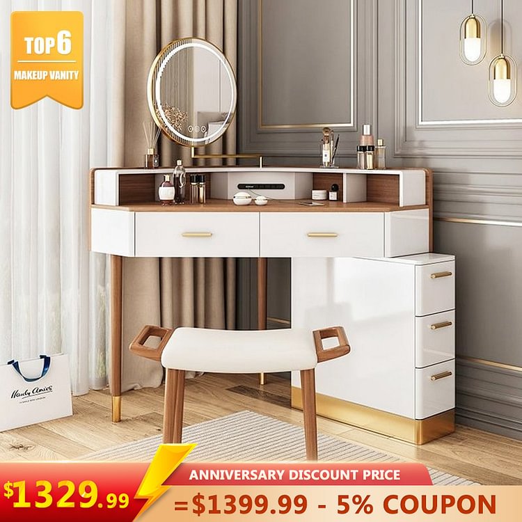 Homemys Corner Modern Makeup Vanity Set Dresser Table with Mirror & Stool 