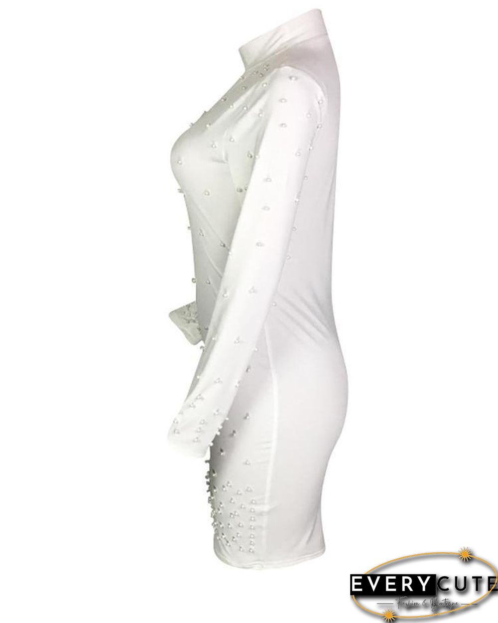 Beading Embellished Long Sleeve Bodycon Dress White Dresses
