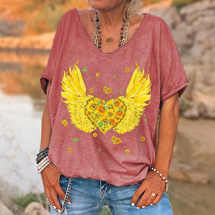Heart Sunflower Wings Print Women's T-shirt