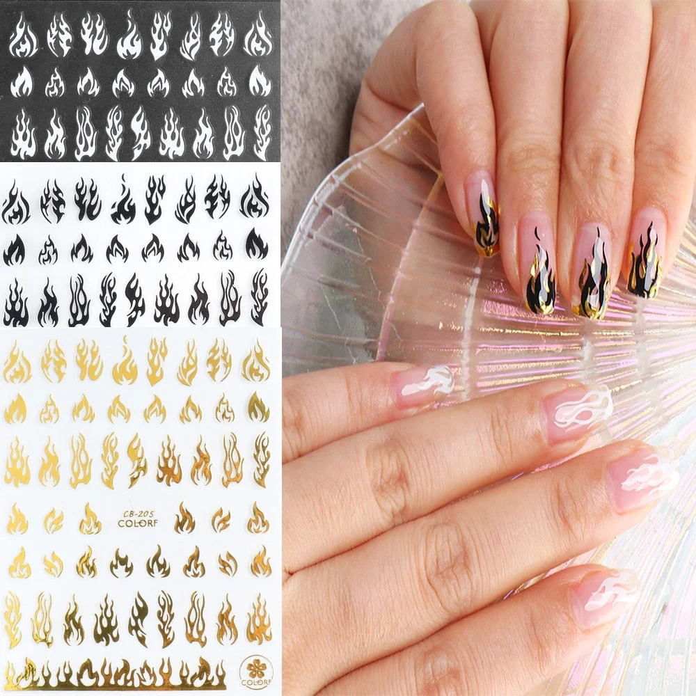 Nail Stickers Back Glue Black White Gold Silver Flame Shapes Designs Nail Decal Decoration Tips For Beauty Salons-Nail Inspo