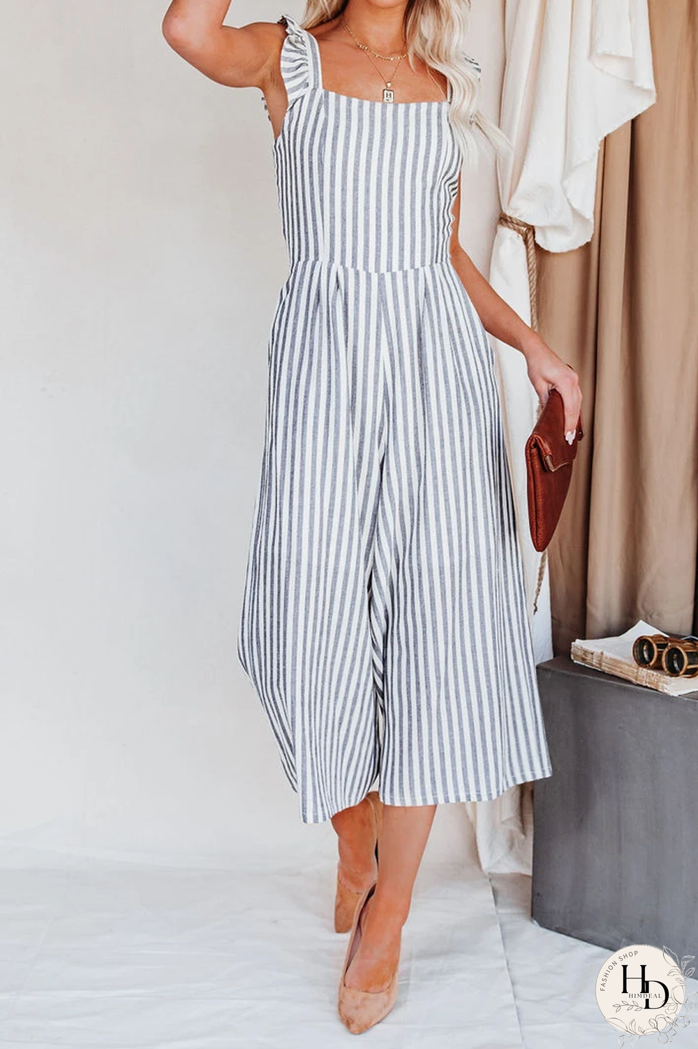 KarliDress Flip Side Pocketed Striped Ruffle Jumpsuit P12525