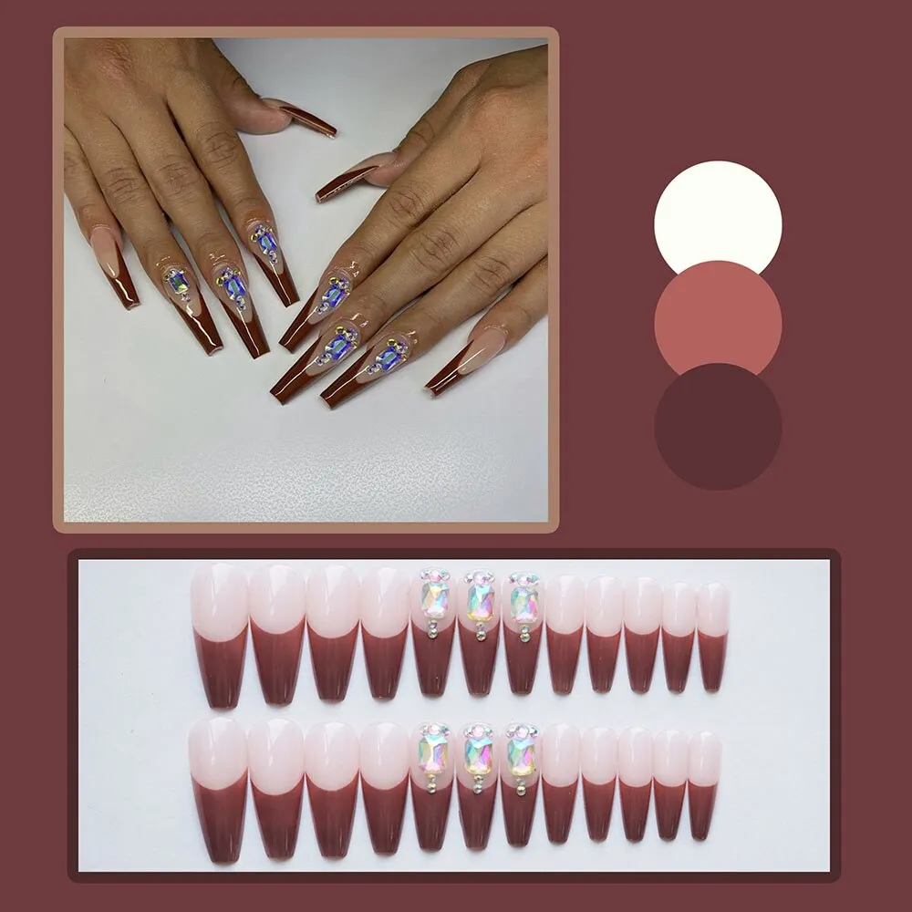24Pcs Long French Ballerina False Nails With Rhinestone Design Wearable Coffin Fake Nails Full Cover Nail Tips Press On Nails-Nail Inspo