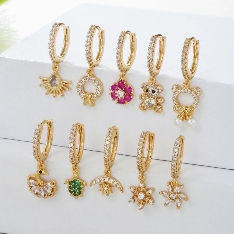 1 Piece Fashion Animal Star Moon Inlaid Zircon Copper Zircon 18K Gold Plated Earrings