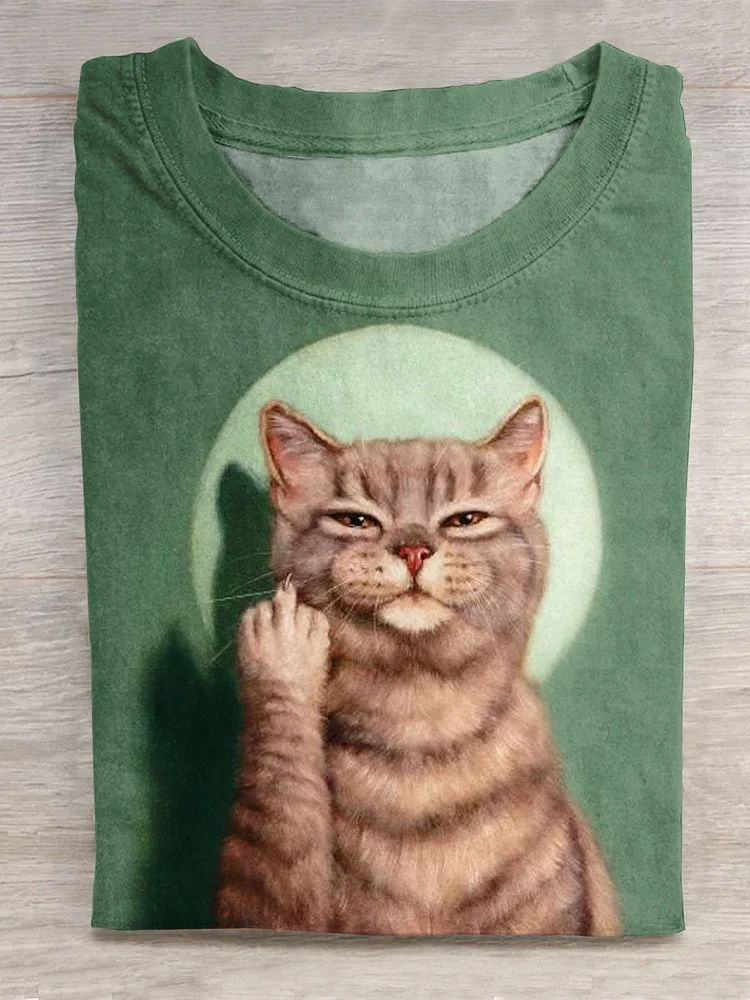 Cute Funny Cat Middle Finger Art Print Casual T-shirt