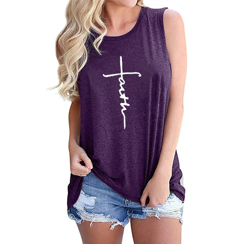 Ladies Vest Faith Letter Printing Round Neck Sleeveless T-Shirt