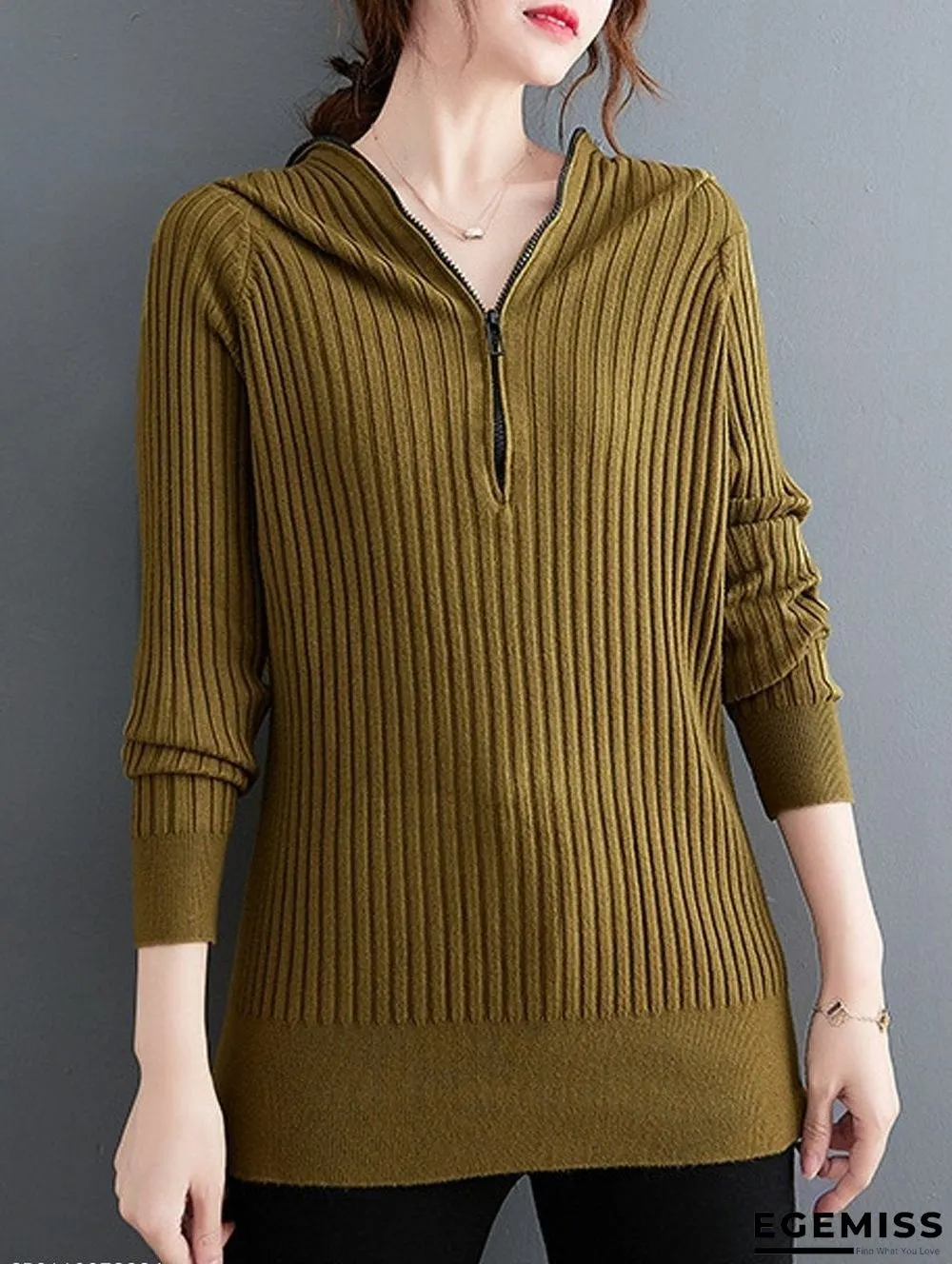 Casual Hooded Solid Color Zipper Knitted Sweater | EGEMISS