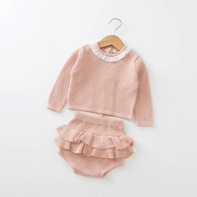 2019 Autumn Pink Knitted Suits Baby Kids Clothes Sets Sweater Girls Sets Ruffles Long Sleeve Sweater+PP Short 2Pcs Kids Suits