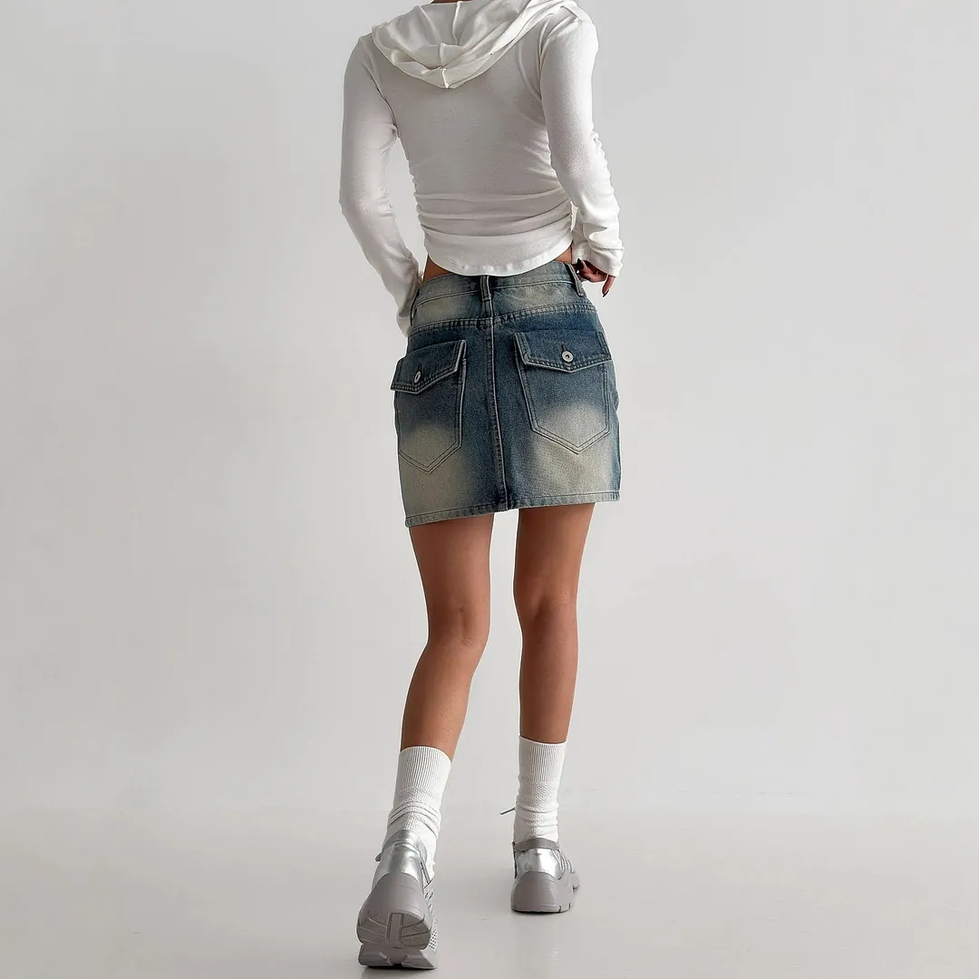 Vintage Washed Denim A-Line Mini Skirt