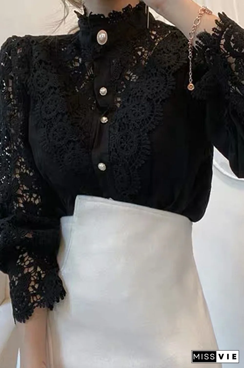 Elegant Patchwork Lace Hollowed Out Buckle Mandarin Collar Blouses(3 Colors)