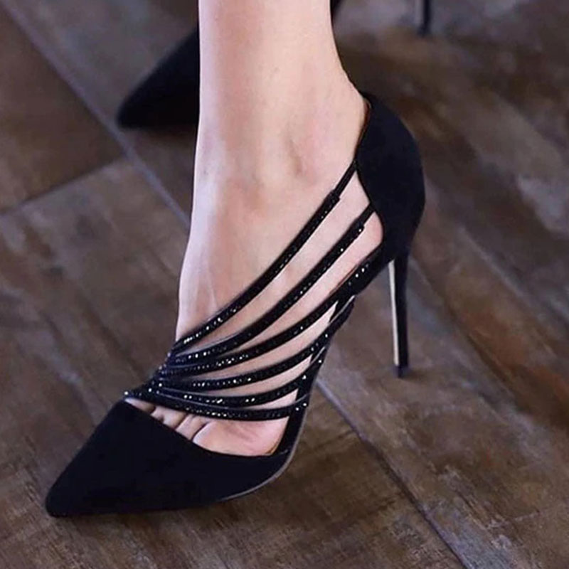 GOOSHOE Black Suede Stiletto Heels Glitter Shoes Pumps
