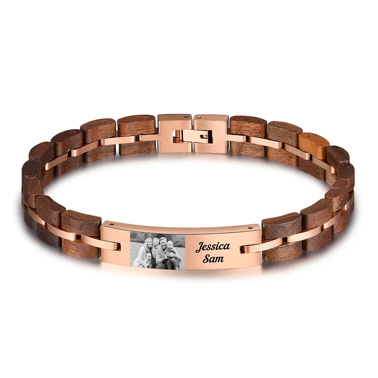 Personalized Photo Bracelet in Rose Gold with Wood Link Chain ID Bar Bracelet