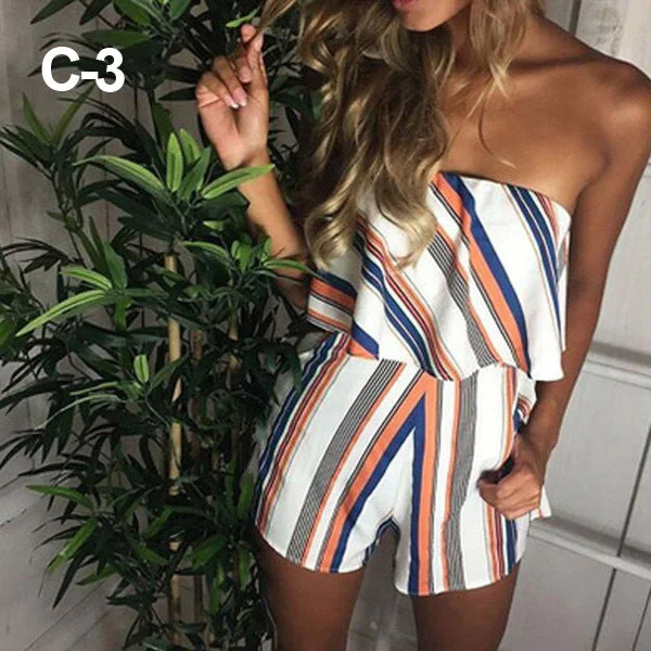 Uveng V-neck Off-neck Ruffled Striped Printed Dresses
