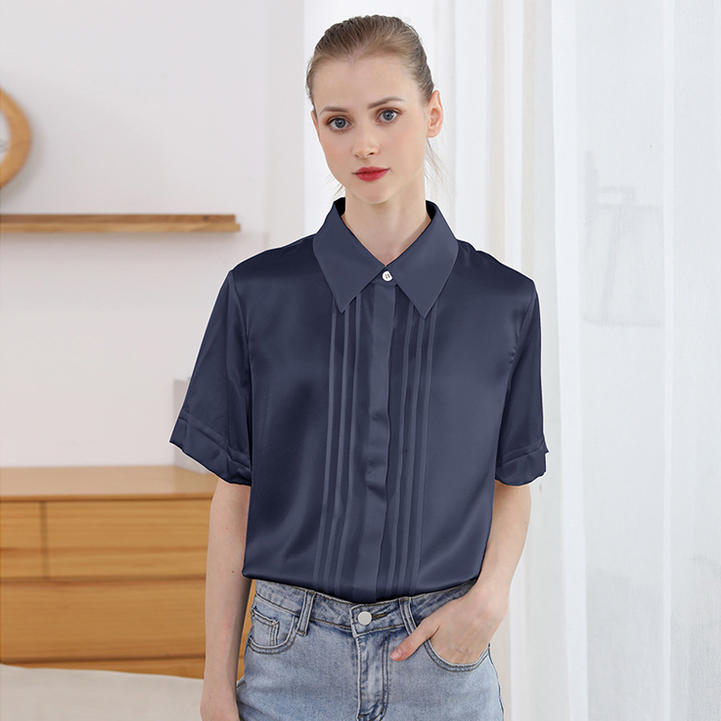 Polo Collar Pleated Design Silk Shirt Blue