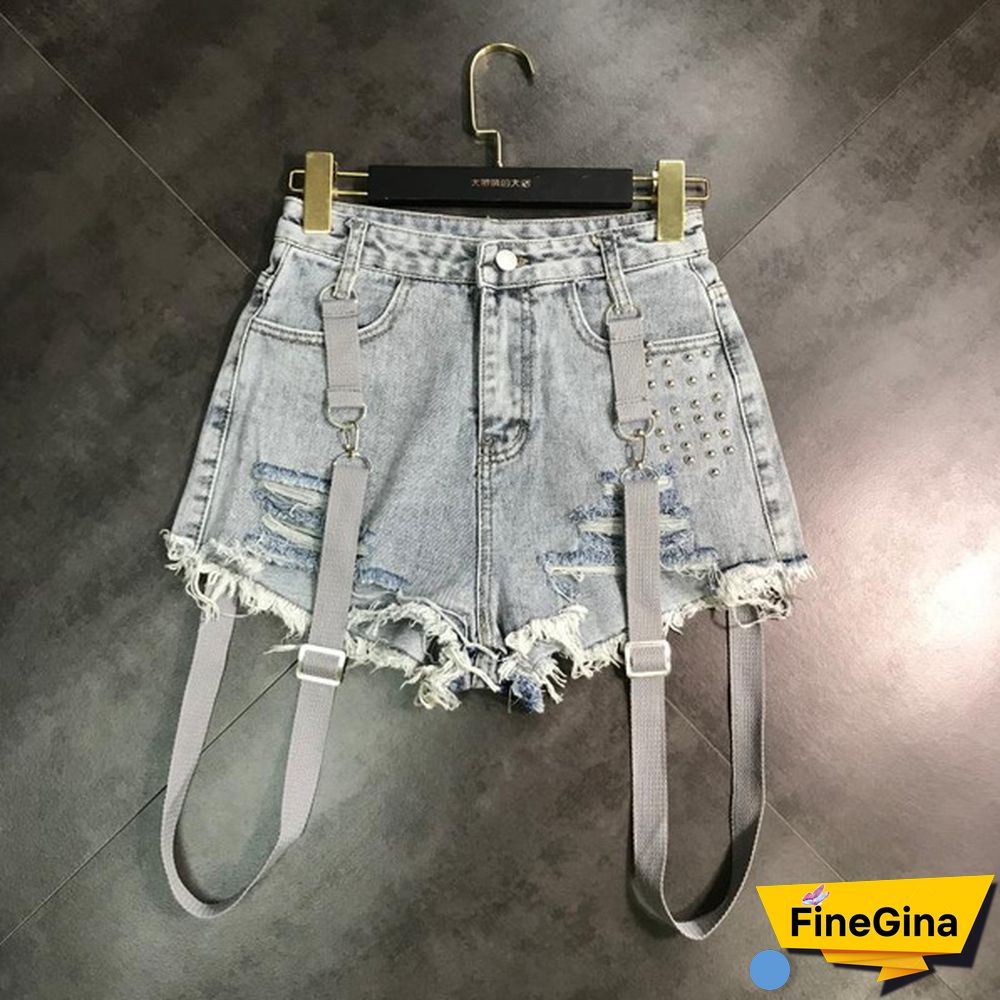 Women Denim Hot Pants Shorts Mini Jeans Rivet Removable Strap Tassels Gothic Punk Sexy