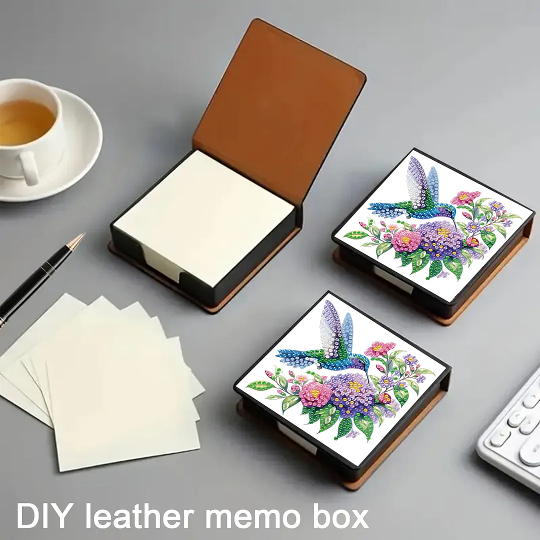 Flowers Birds PU DIY 5D Diamond Painting Note Box w/160 Sheet for Office Home(B)