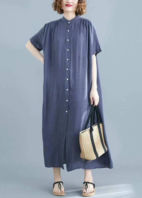 Italian Gray Tunics Stand Collar Robe Summer Dress