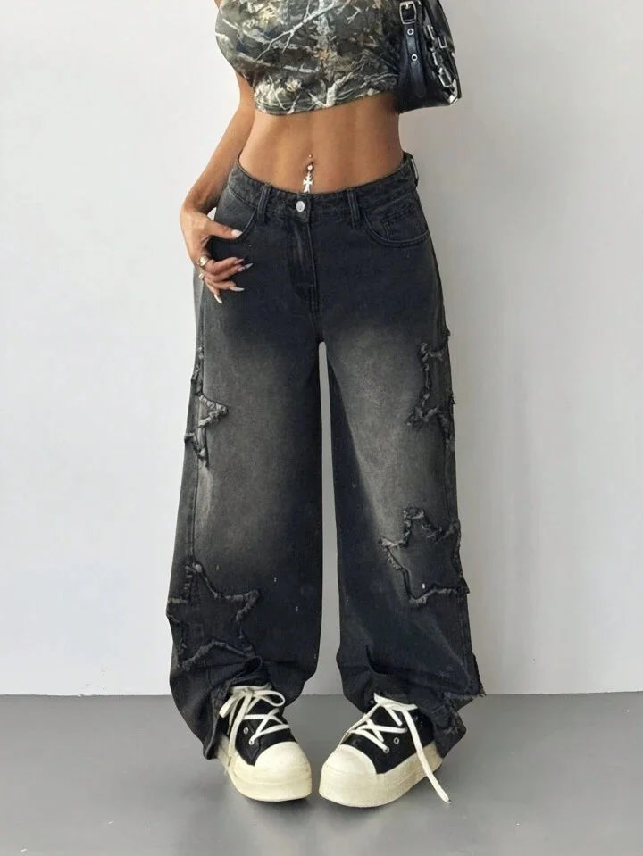 Starburst Black Baggy Jeans ⭐ Frayed Star Denim