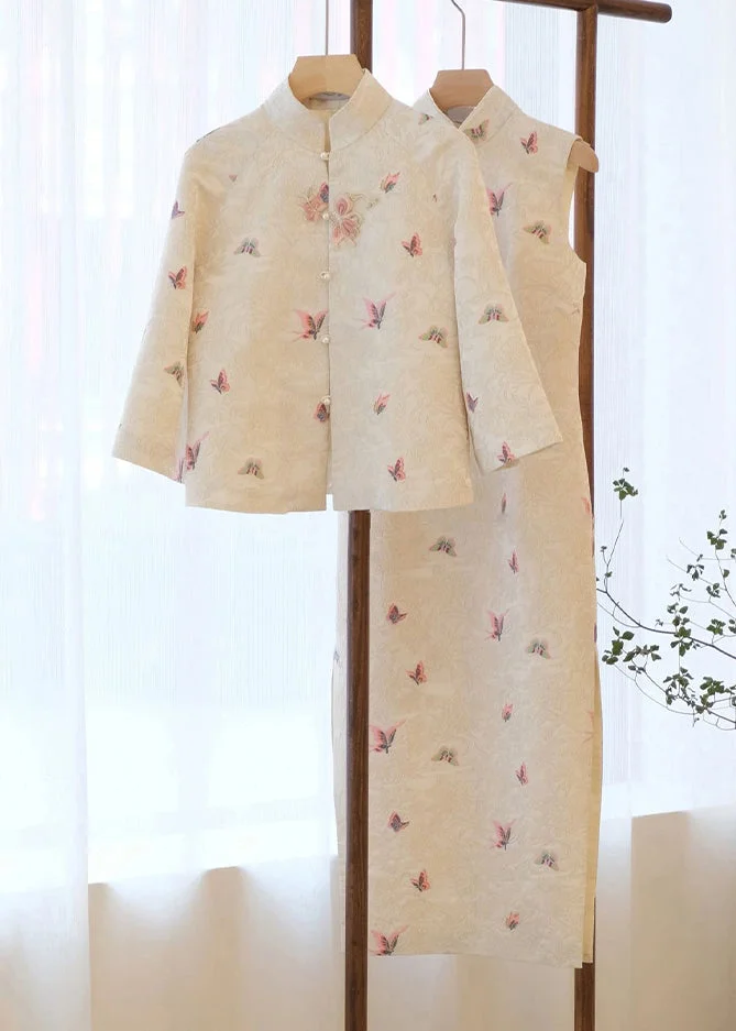 New Beige Stand Collar Print Button Cotton 2 Piece Outfit Fall