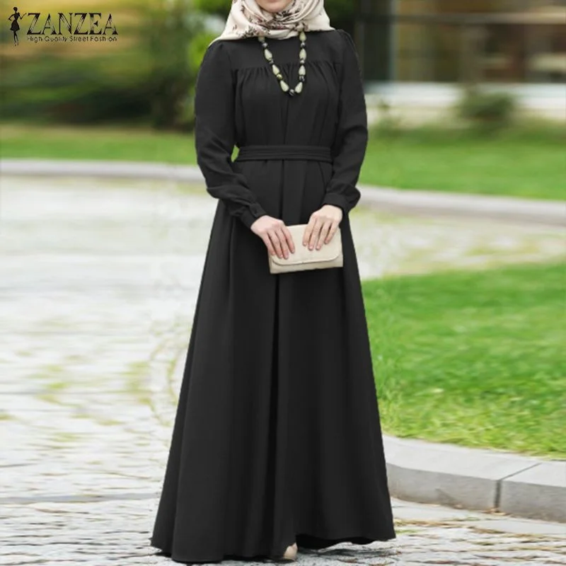 ZANZEA Women Autumn Dress Casual Long Sleeve Solid Maxi Long Vestido Kaftan Abaya Dubai Hijab Muslim Dress Loose Sundress S-