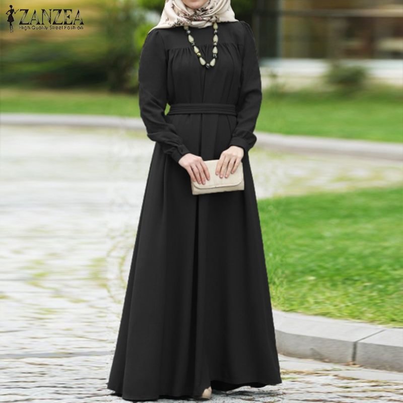 ZANZEA Women Autumn Dress Casual Long Sleeve Solid Maxi Long Vestido Loose Sundress Muslim Dress Kaftan Abaya Dubai Hijab