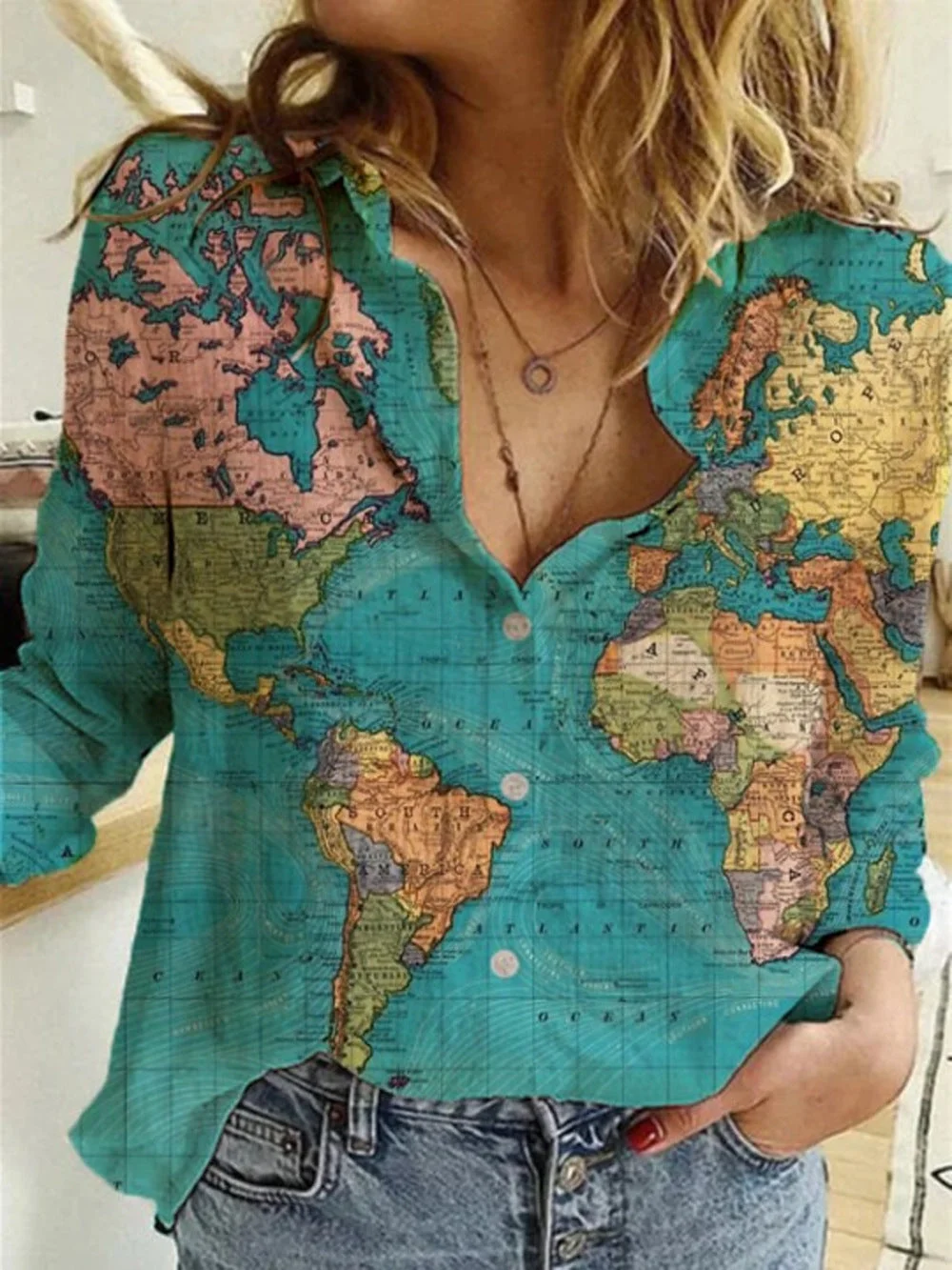 Uveng Map Straight Type Printed Long-sleeved Women's Shirt
