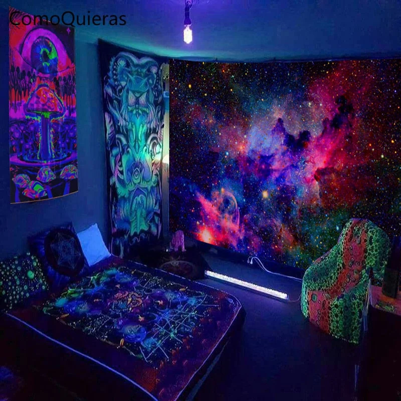 Fluorescent Starry Tapestry Skeleton Mushroom Psychedelic Black Light Wall Hanging Cloth DIY Home Decoration Trippy Room Decor