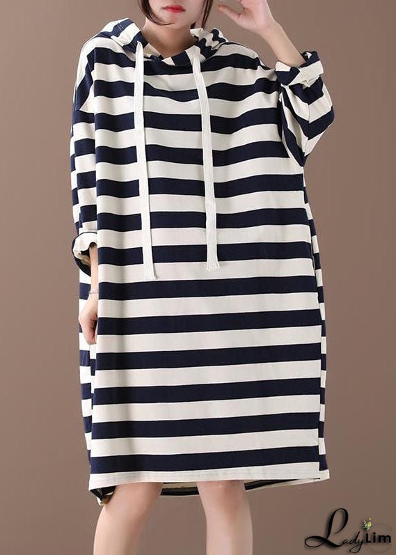 Chic Hooded Striped Cotton Sweatshirt Street wear dress Spring