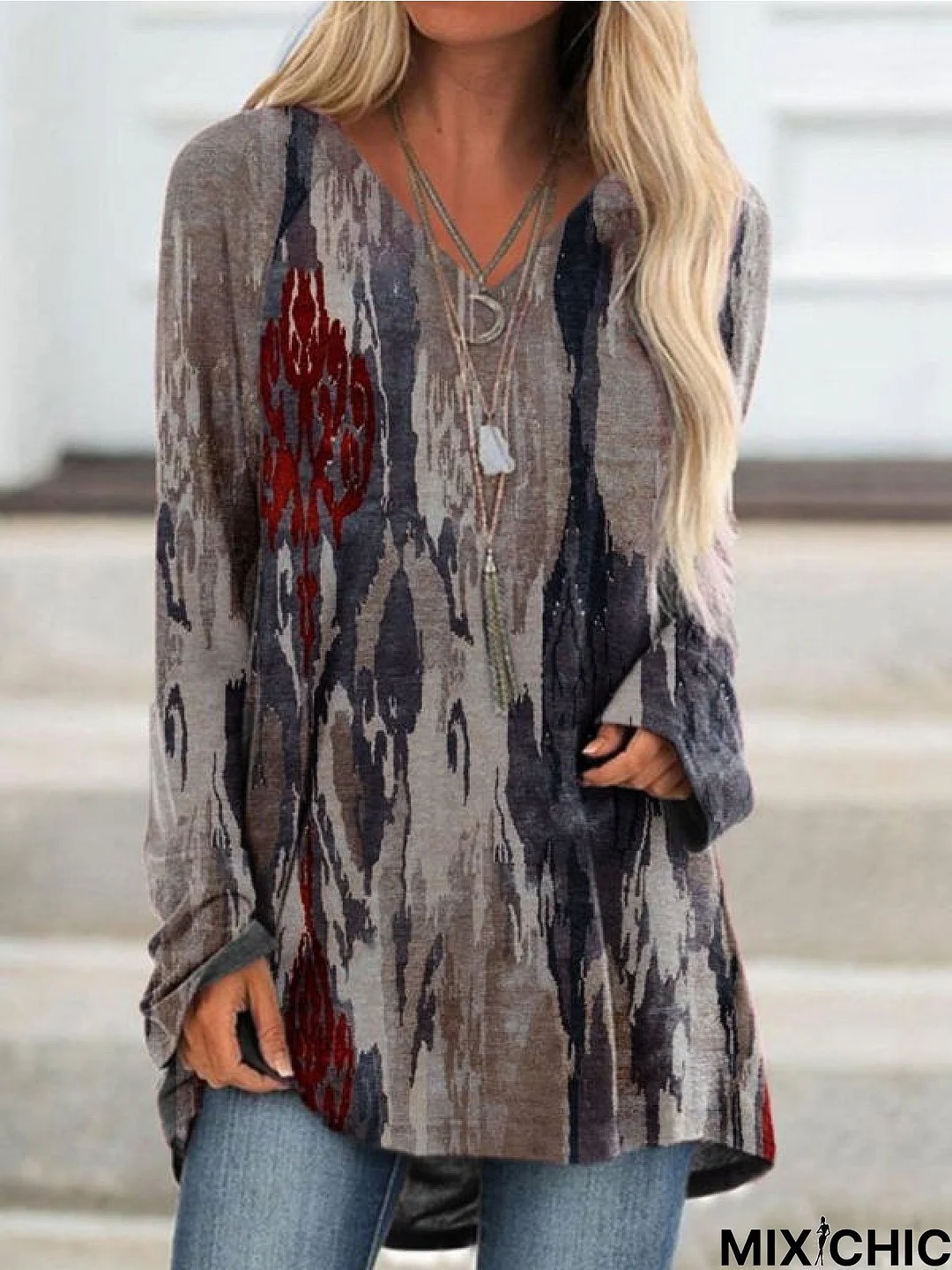 Casual Long Sleeve Crew Neck Printed Tunic T-Shirt