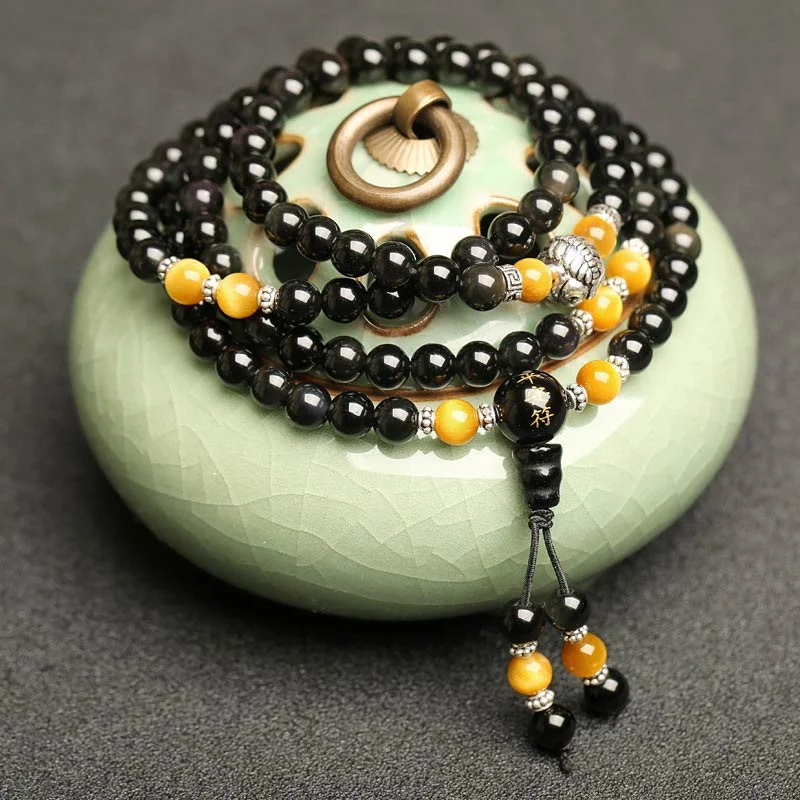 Black Obsidian Tiger Eye Lazurite 108 Beads Mala Necklace Bracelet