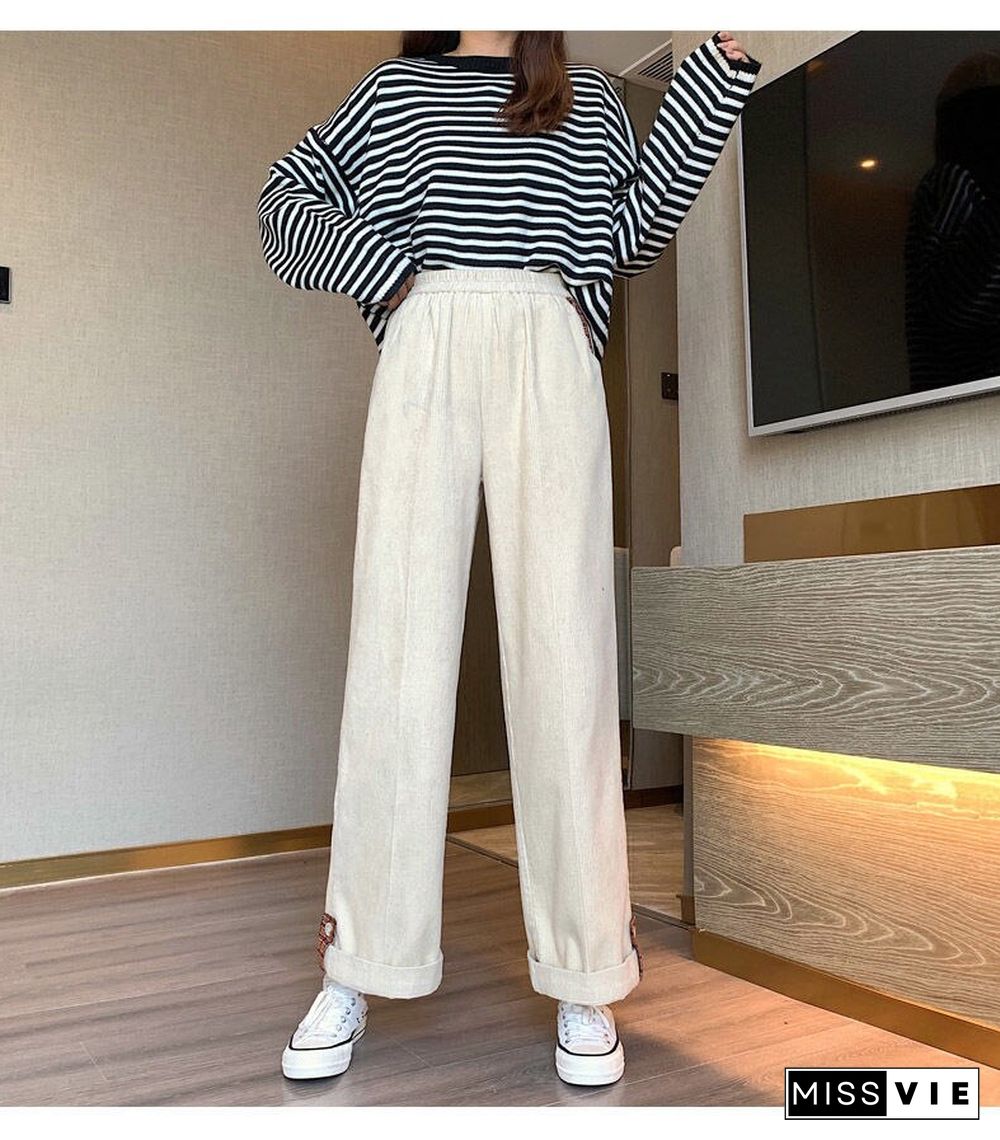Vintage Baggy Corduroy Pants Women Korean Elastic Waist Straight Trousers Female Wide Leg Solid Pockets Pants Spring Autumn New