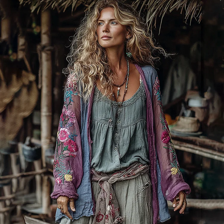 Classic Bohemian Floral Art Embroidery Print Cotton And Linen Blend Kimono Cardigan