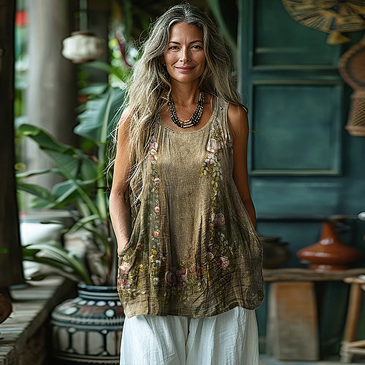 Vintage Tribal Floral Art Sleeveless Linen Blend Tank Top