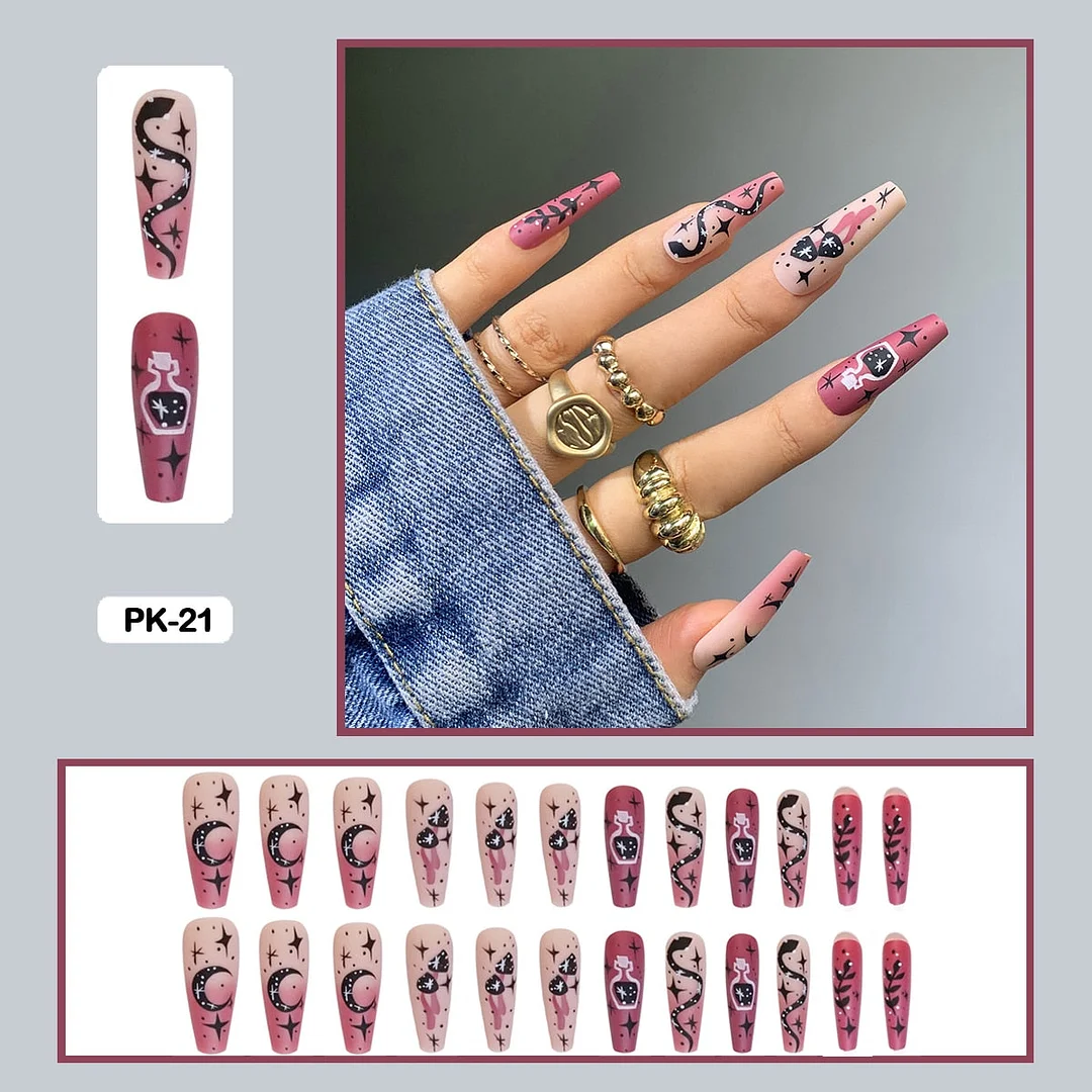 24PCS Dark Punk False Nails with Glue Gradient Long Detachable Fire Stick on Nails Skull Flame  Art DIY Fashion Manicure Tool-Nail Inspo