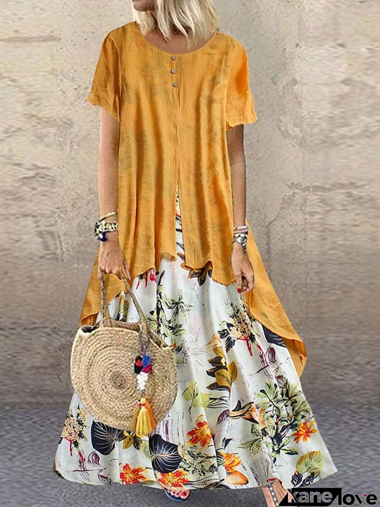 Women's Vintage Print Fake Two-Piece Cotton Linen Pocket Dress