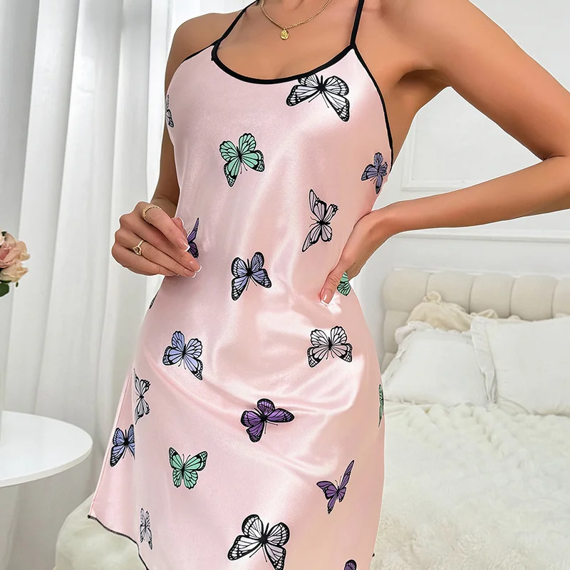 Woherb Woherb Fashion Lady Ice Silk Slip Dress Soft Skin-Friendly Home Pajamas Butterfly Print Spot-Outfit Ideas