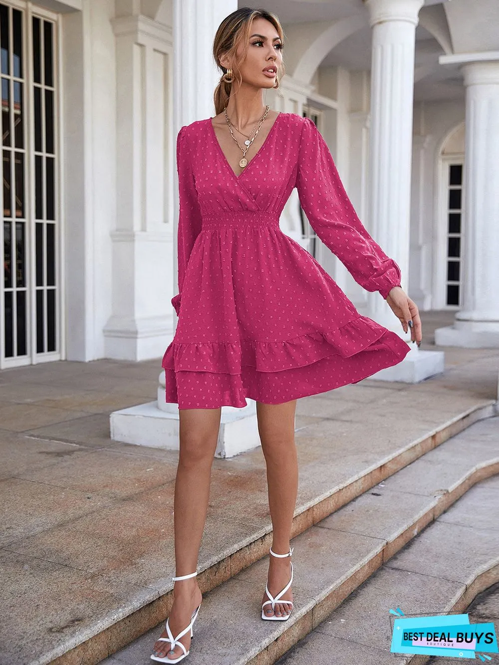 V-Neck Long-Sleeve Flounces Trim Commuter Dress For Women