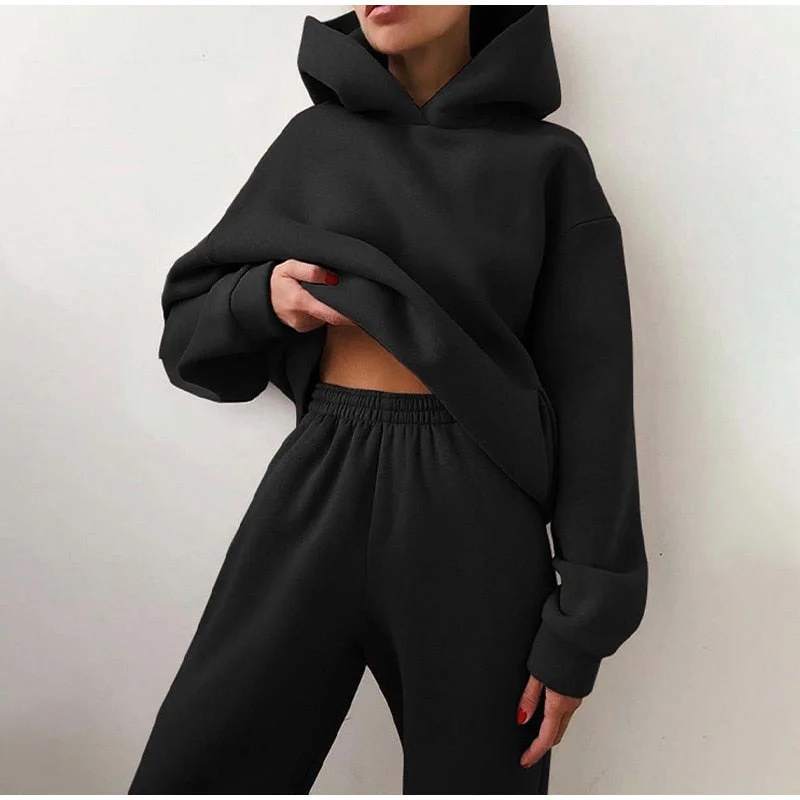 2021 Autumn Women's Tracksuit Casual Warm Plus Fleece Hooded Sweatshirts Suit Oversized Loose Hoodies Pants Sets Sports Outfit