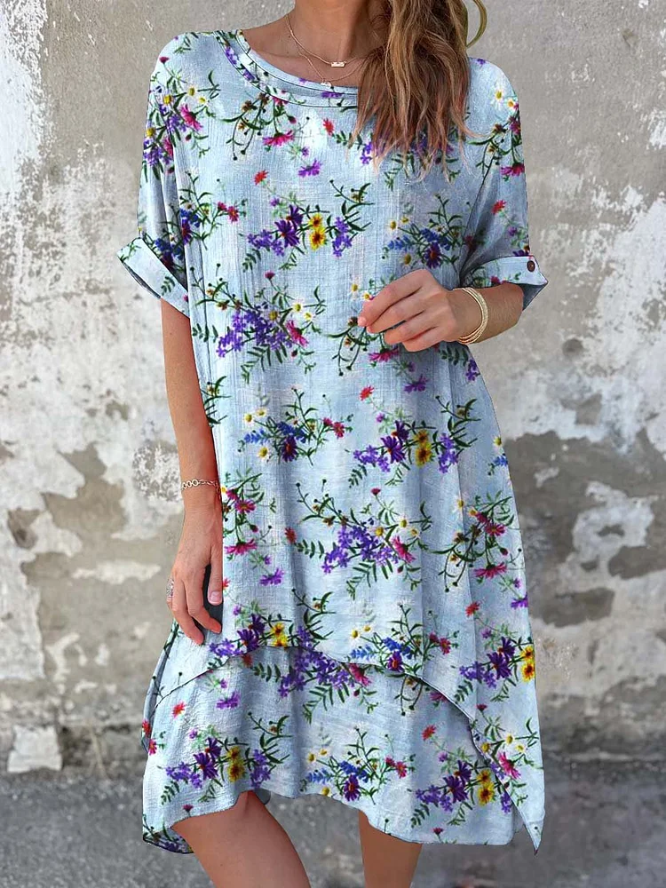 Women's Classic Floral Pattern Round Neck Cotton and Linen Dress