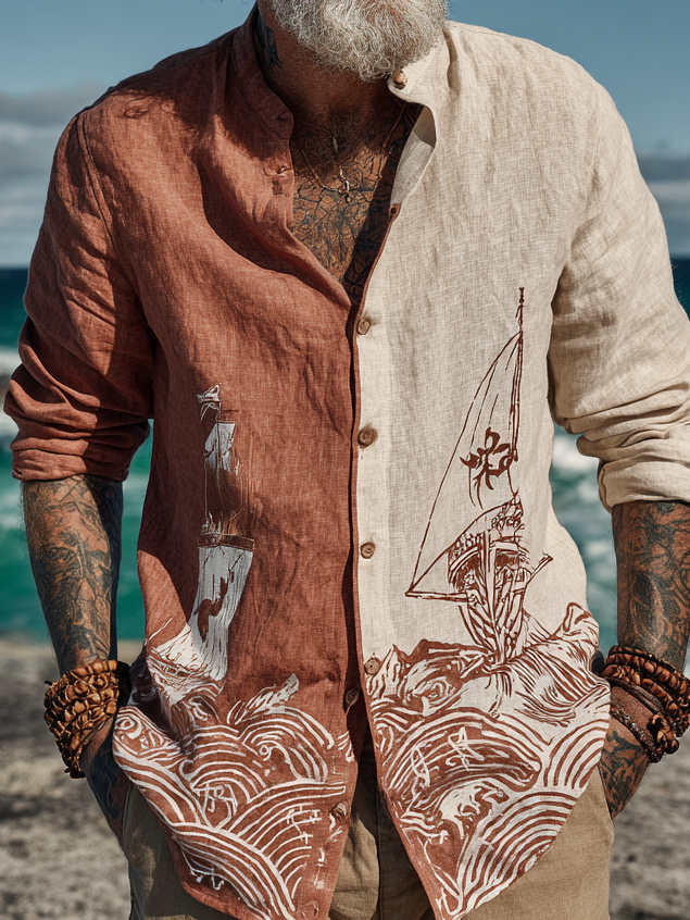 Men's Viking-Inspired Drakkar Celtic Knot Long Sleeve Linen Shirt / Rvogue / Rvogue